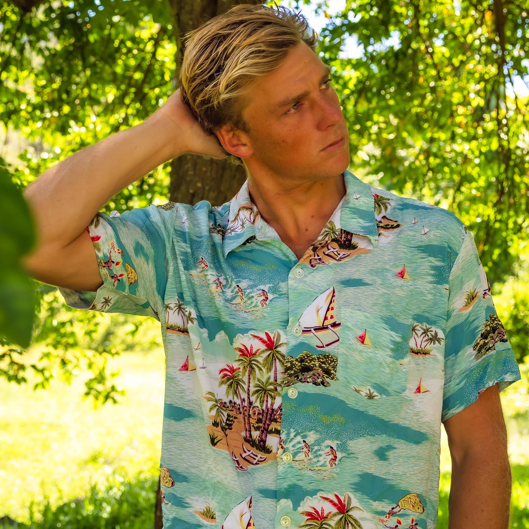 Men's Hawaiian Shirt, Palm Trees and Waves